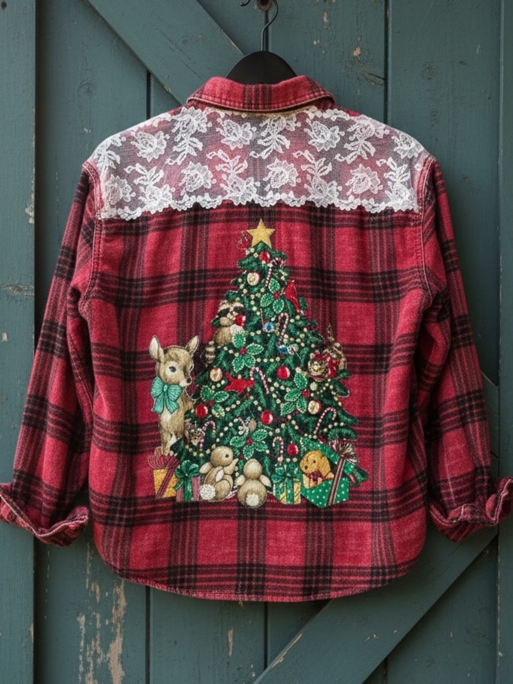 Christmas Kitsch Upcycled Top Tree Deer Star Racoon Bunny Holiday